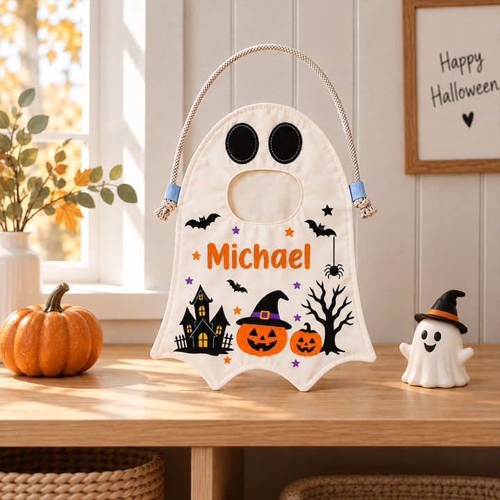 Personalized Halloween Ghost Candy Bag with Name Trick or Treat Drawstring Tote Bag Halloween Gift for Kids
