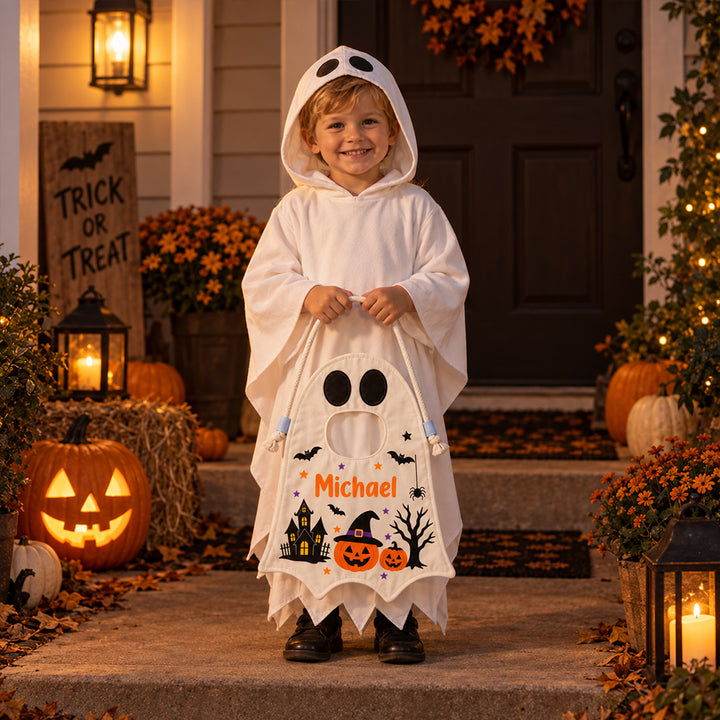 Personalized Halloween Ghost Candy Bag with Name Trick or Treat Drawstring Tote Bag Halloween Gift for Kids