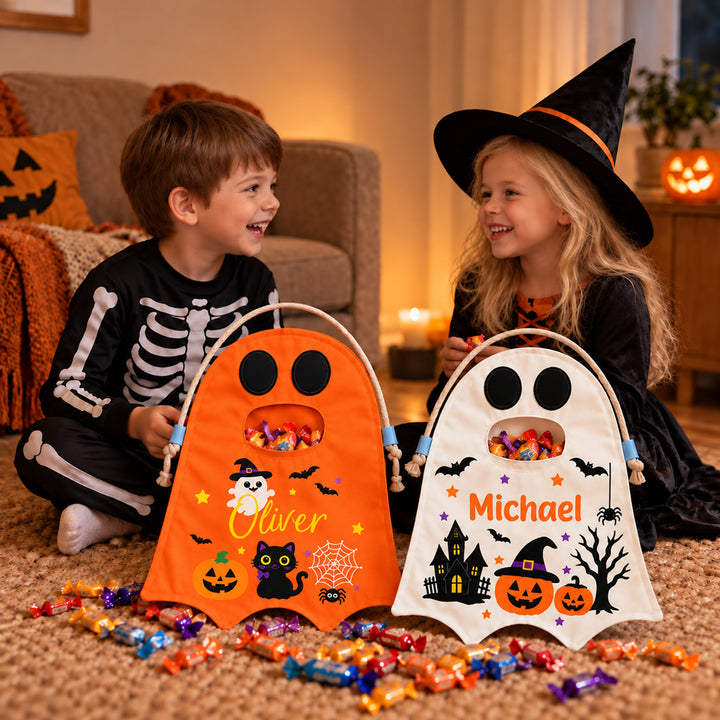 Personalized Halloween Ghost Candy Bag with Name Trick or Treat Drawstring Tote Bag Halloween Gift for Kids
