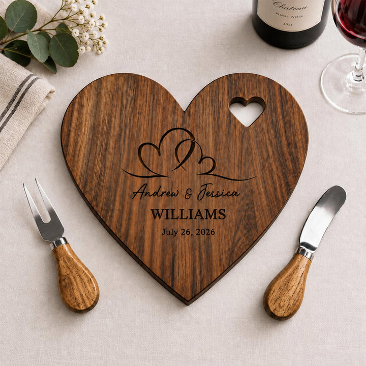 Personalized Heart-to-Heart Cutting Board with Couple Names and Date Knife and Fork Design Wedding Anniversary Gift for Newlyweds Couples