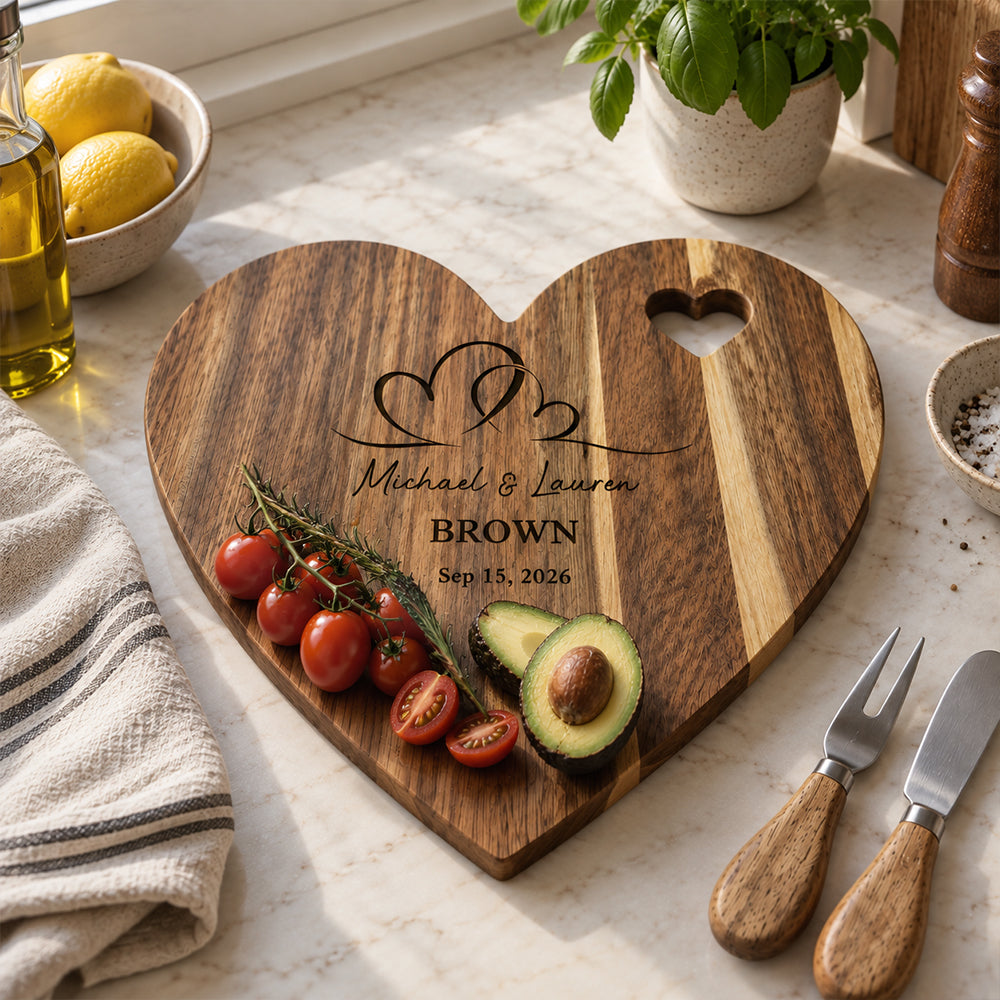 Personalized Heart-to-Heart Cutting Board with Couple Names and Date Knife and Fork Design Wedding Anniversary Gift for Newlyweds Couples