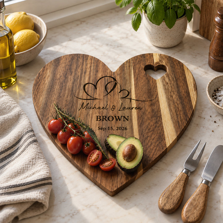 Personalized Heart-to-Heart Cutting Board with Couple Names and Date Knife and Fork Design Wedding Anniversary Gift for Newlyweds Couples