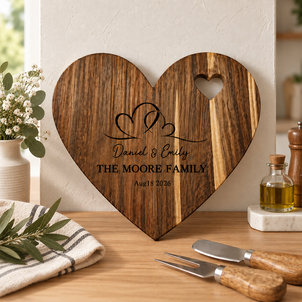 Personalized Heart-to-Heart Cutting Board with Couple Names and Date Knife and Fork Design Wedding Anniversary Gift for Newlyweds Couples