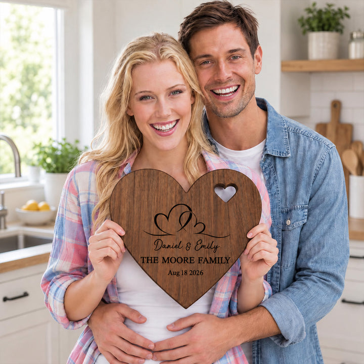 Personalized Heart-to-Heart Cutting Board with Couple Names and Date Knife and Fork Design Wedding Anniversary Gift for Newlyweds Couples