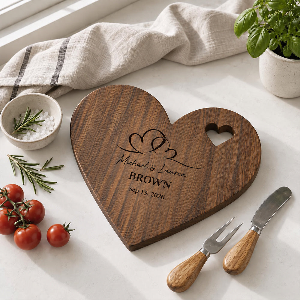 Personalized Heart-to-Heart Cutting Board with Couple Names and Date Knife and Fork Design Wedding Anniversary Gift for Newlyweds Couples