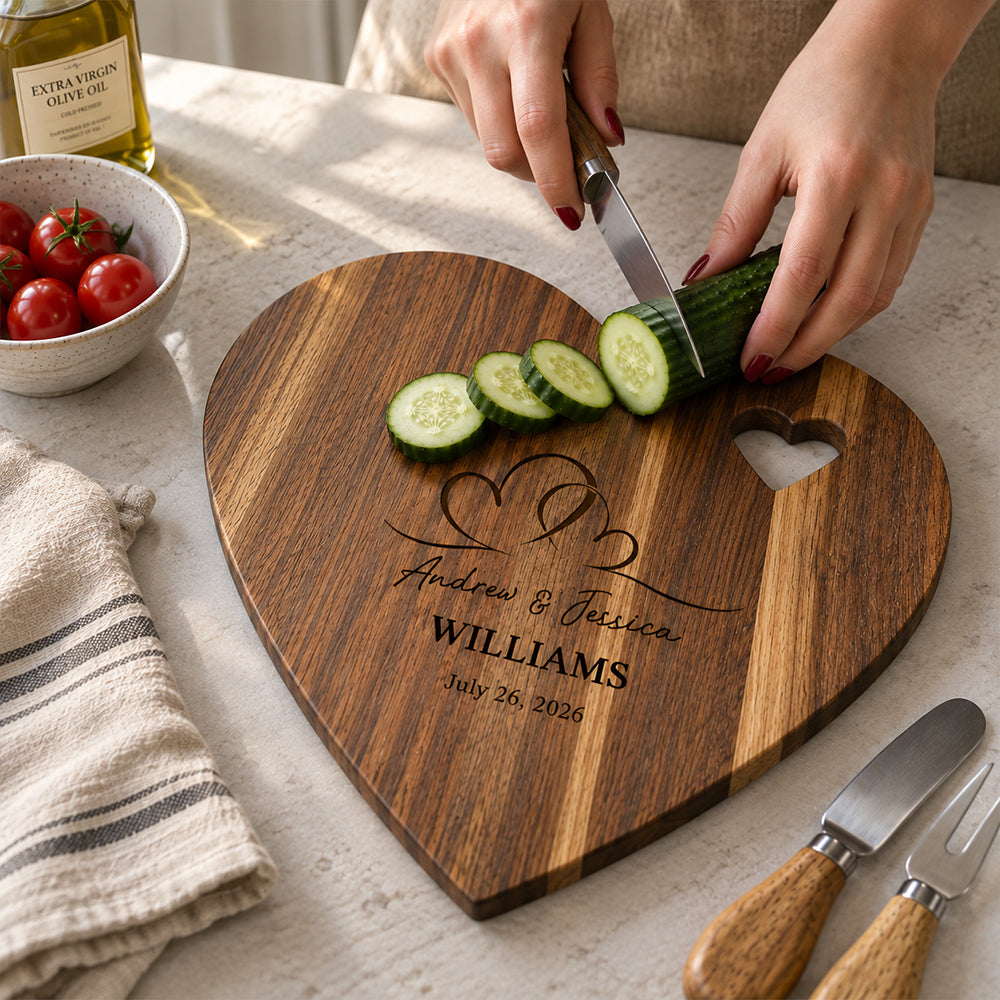 Personalized Heart-to-Heart Cutting Board with Couple Names and Date Knife and Fork Design Wedding Anniversary Gift for Newlyweds Couples