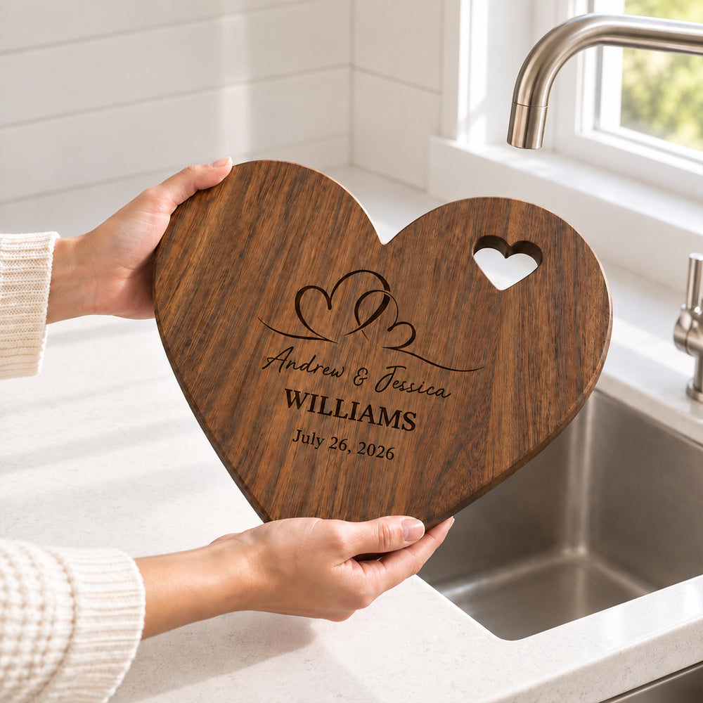 Personalized Heart-to-Heart Cutting Board with Couple Names and Date Knife and Fork Design Wedding Anniversary Gift for Newlyweds Couples