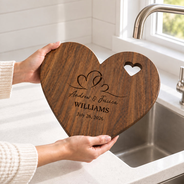 Personalized Heart-to-Heart Cutting Board with Couple Names and Date Knife and Fork Design Wedding Anniversary Gift for Newlyweds Couples