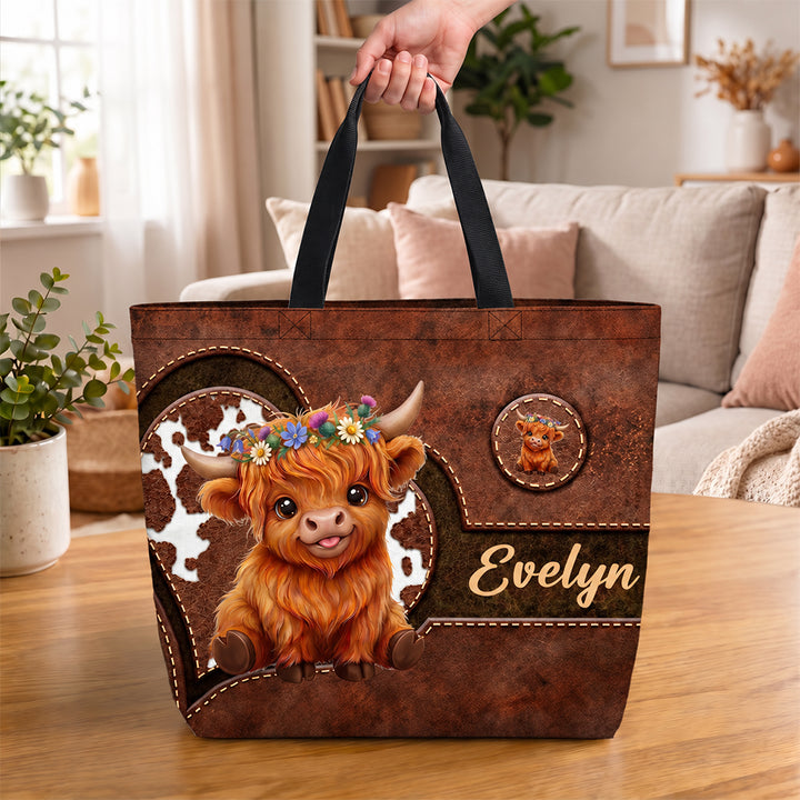 Personalized Highland Cow Tote Bag Custom Cute Cartoon Cattle Design with Name Large Capacity Shoulder Bag Birthday Gift