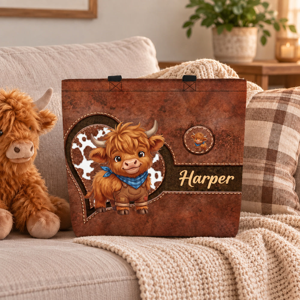 Personalized Highland Cow Tote Bag Custom Cute Cartoon Cattle Design with Name Large Capacity Shoulder Bag Birthday Gift
