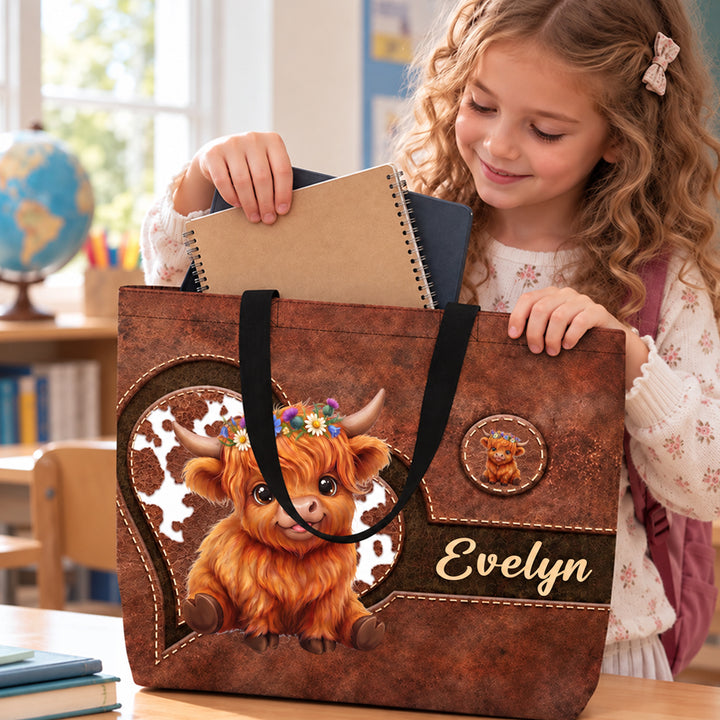 Personalized Highland Cow Tote Bag Custom Cute Cartoon Cattle Design with Name Large Capacity Shoulder Bag Birthday Gift