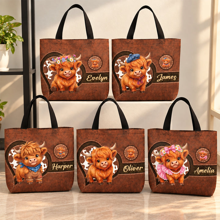 Personalized Highland Cow Tote Bag Custom Cute Cartoon Cattle Design with Name Large Capacity Shoulder Bag Birthday Gift