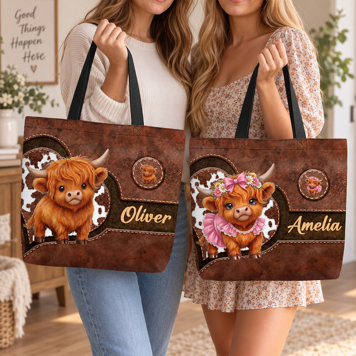Personalized Highland Cow Tote Bag Custom Cute Cartoon Cattle Design with Name Large Capacity Shoulder Bag Birthday Gift
