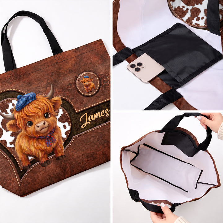 Personalized Highland Cow Tote Bag Custom Cute Cartoon Cattle Design with Name Large Capacity Shoulder Bag Birthday Gift
