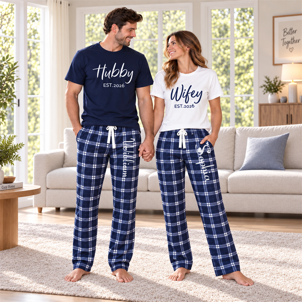 Personalized Hubby Wifey Pajamas Matching Wedding PJs for Newlyweds Honeymoon Gift