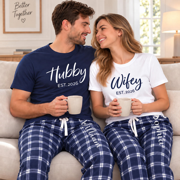 Personalized Hubby Wifey Pajamas Matching Wedding PJs for Newlyweds Honeymoon Gift