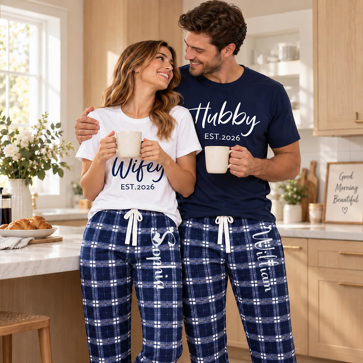 Personalized Hubby Wifey Pajamas Matching Wedding PJs for Newlyweds Honeymoon Gift