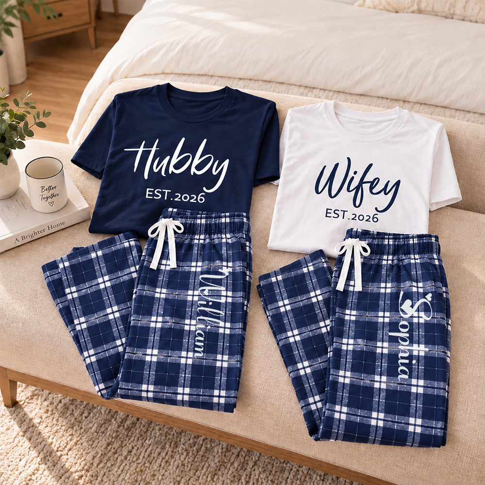 Personalized Hubby Wifey Pajamas Matching Wedding PJs for Newlyweds Honeymoon Gift