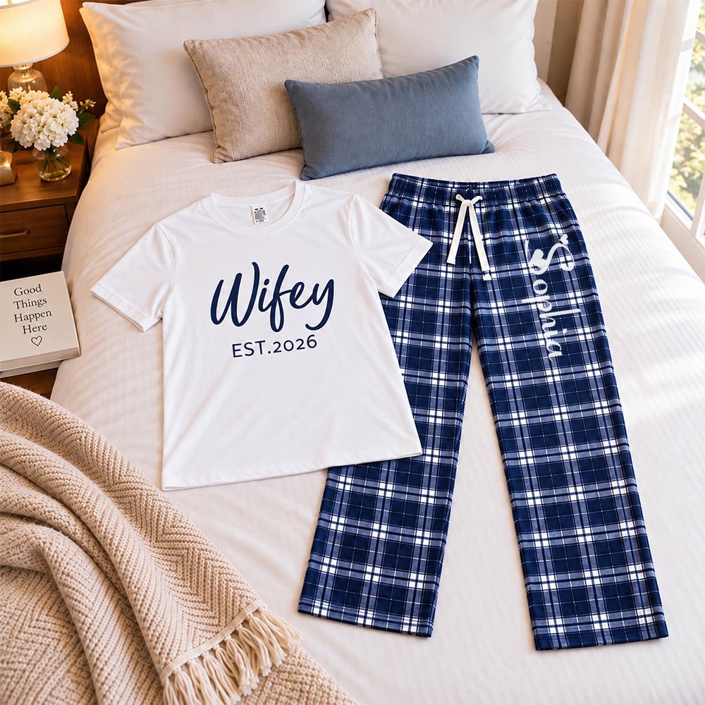 Personalized Hubby Wifey Pajamas Matching Wedding PJs for Newlyweds Honeymoon Gift