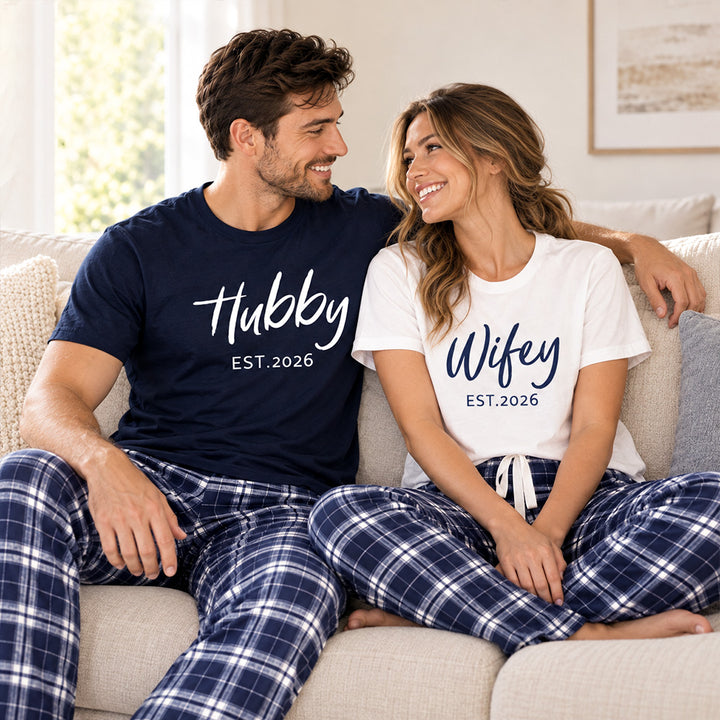 Personalized Hubby and Wifey Pajamas Matching Couples Custom Wedding PJs for Newlyweds and Couples Honeymoon Gift