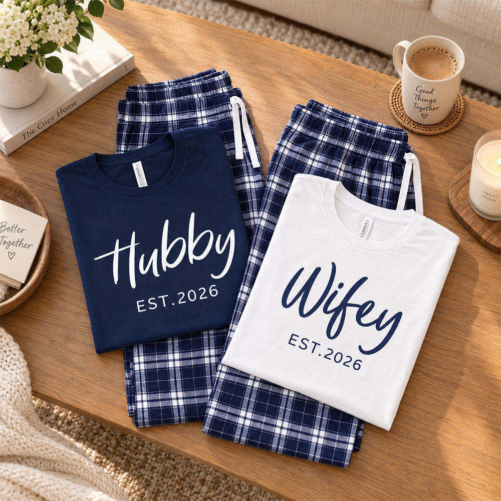 Personalized Hubby and Wifey Pajamas Matching Couples Custom Wedding PJs for Newlyweds and Couples Honeymoon Gift