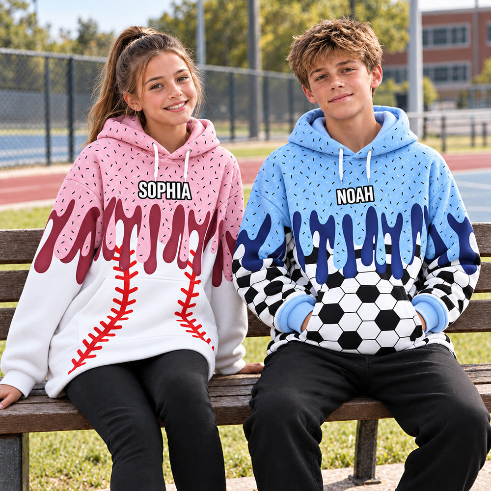 Personalized Ice Cream Drip Sports Hoodie Custom Baseball Softball Soccer Football Basketball Hockey Pullover Gift for Athletes Sports Fans