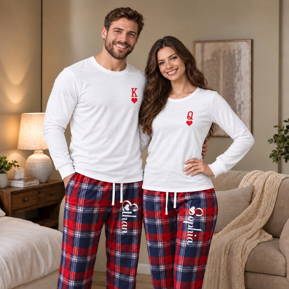 Personalized King and Queen Matching Pajamas with Custom Romantic Plaid Couple Lounge Wear Set Anniversary Gift for Newlyweds