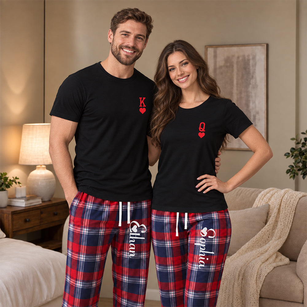 Personalized King and Queen Matching Pajamas with Custom Romantic Plaid Couple Lounge Wear Set Anniversary Gift for Newlyweds