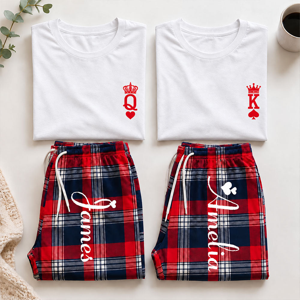 Personalized King and Queen Matching Pajamas with Crown Print Custom Romantic Plaid Couple Lounge Wear Set Anniversary Gift for Newlyweds