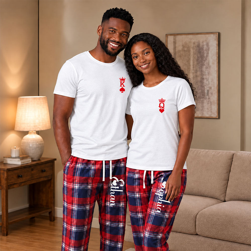 Personalized King and Queen Matching Pajamas with Crown Print Custom Romantic Plaid Couple Lounge Wear Set Anniversary Gift for Newlyweds