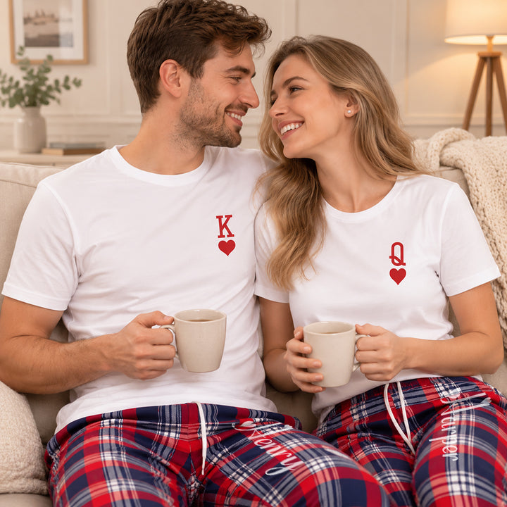 Personalized King and Queen Matching Pajamas Custom Romantic Plaid Couple Lounge Wear Set Anniversary Gift Newlyweds
