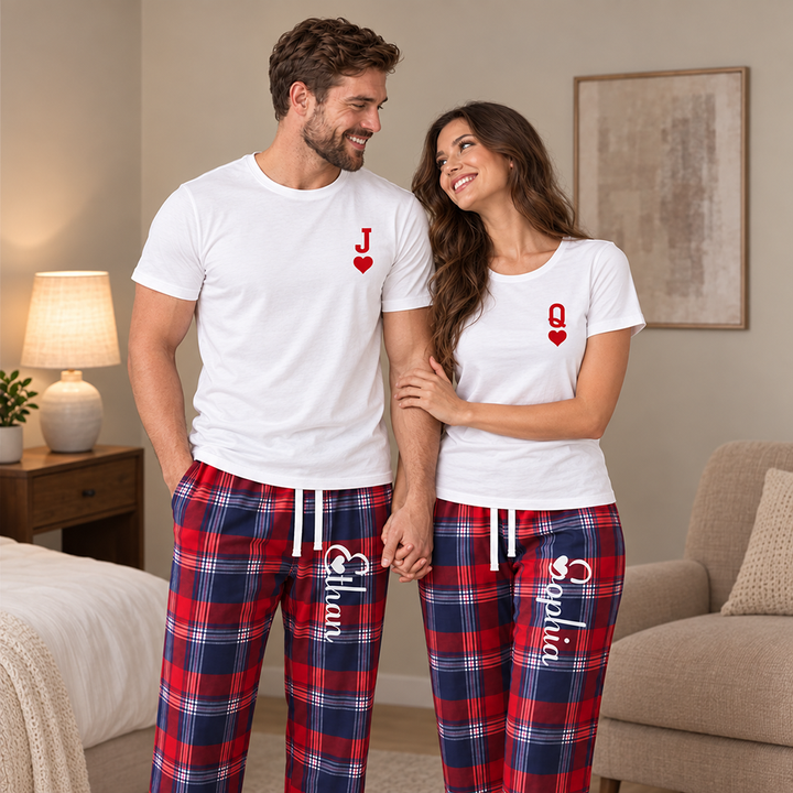 Personalized King and Queen Matching Pajamas with Custom Romantic Plaid Couple Lounge Wear Set Anniversary Gift for Newlyweds