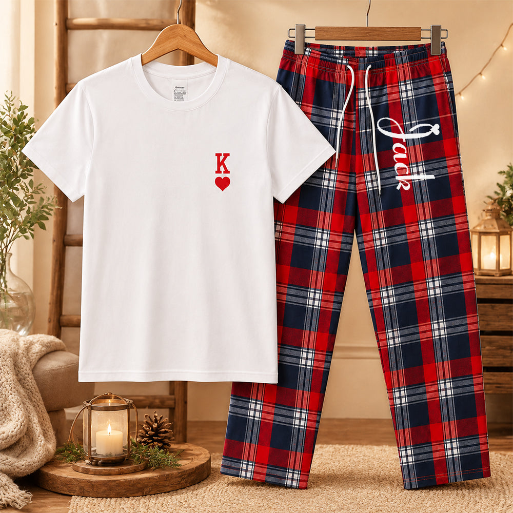 Personalized King and Queen Matching Pajamas Custom Romantic Plaid Couple Lounge Wear Set Anniversary Gift Newlyweds