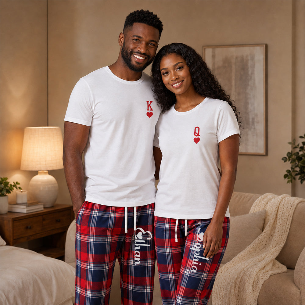 Personalized King and Queen Matching Pajamas with Custom Romantic Plaid Couple Lounge Wear Set Anniversary Gift for Newlyweds