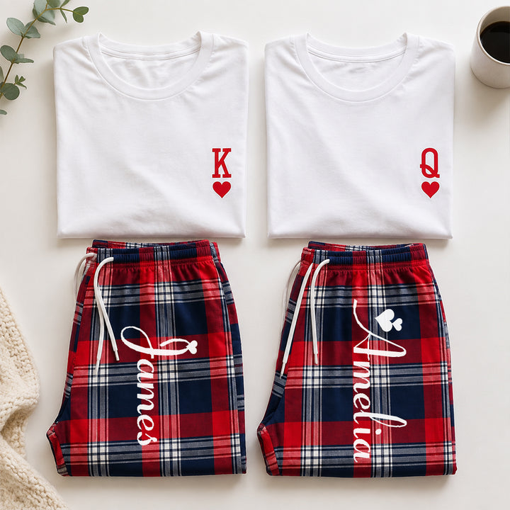 Personalized King and Queen Matching Pajamas with Custom Romantic Plaid Couple Lounge Wear Set Anniversary Gift for Newlyweds