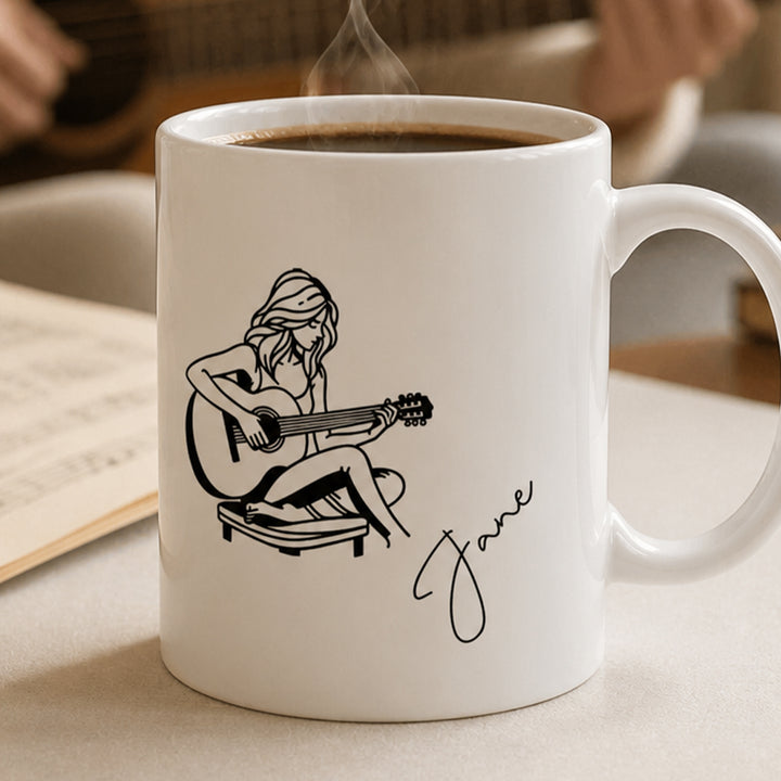 Personalized Line Art Guitar Player 11oz Ceramic Mug with Custom Name Birthday Gift for Guitar Lovers Musician
