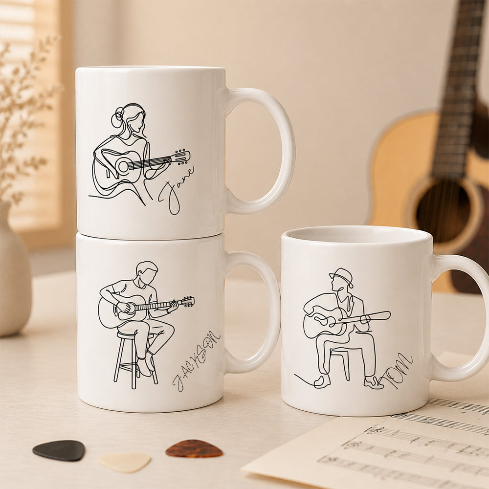 Personalized Line Art Guitar Player 11oz Ceramic Mug with Custom Name Birthday Gift for Guitar Lovers Musician