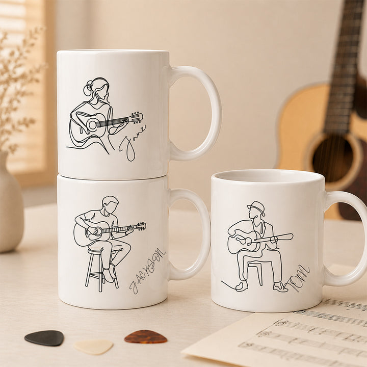 Personalized Line Art Guitar Player 11oz Ceramic Mug with Custom Name Birthday Gift for Guitar Lovers Musician