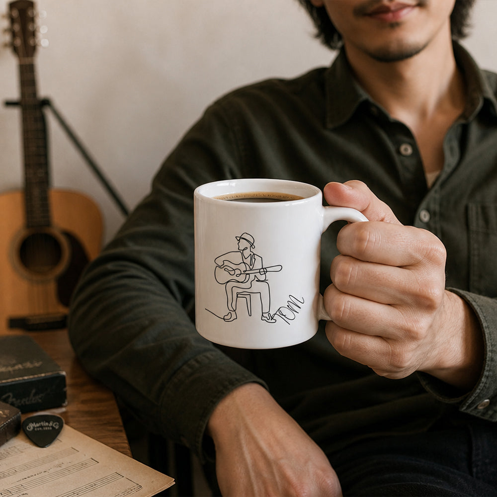 Personalized Line Art Guitar Player 11oz Ceramic Mug with Custom Name Birthday Gift for Guitar Lovers Musician