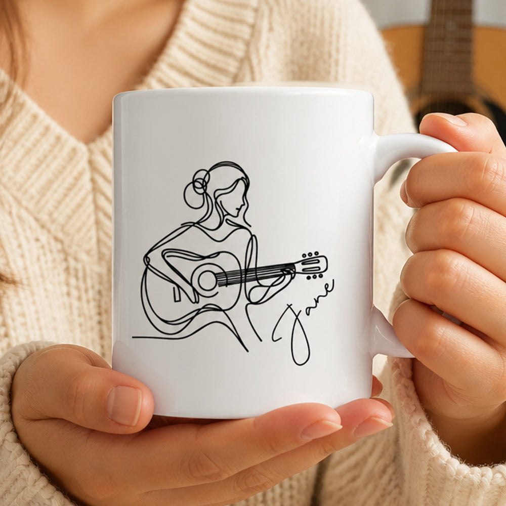 Personalized Line Art Guitar Player 11oz Ceramic Mug with Custom Name Birthday Gift for Guitar Lovers Musician