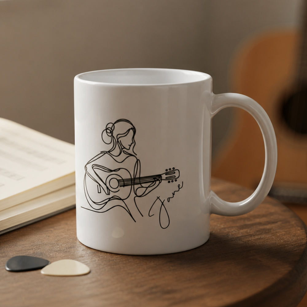 Personalized Line Art Guitar Player 11oz Ceramic Mug with Custom Name Birthday Gift for Guitar Lovers Musician
