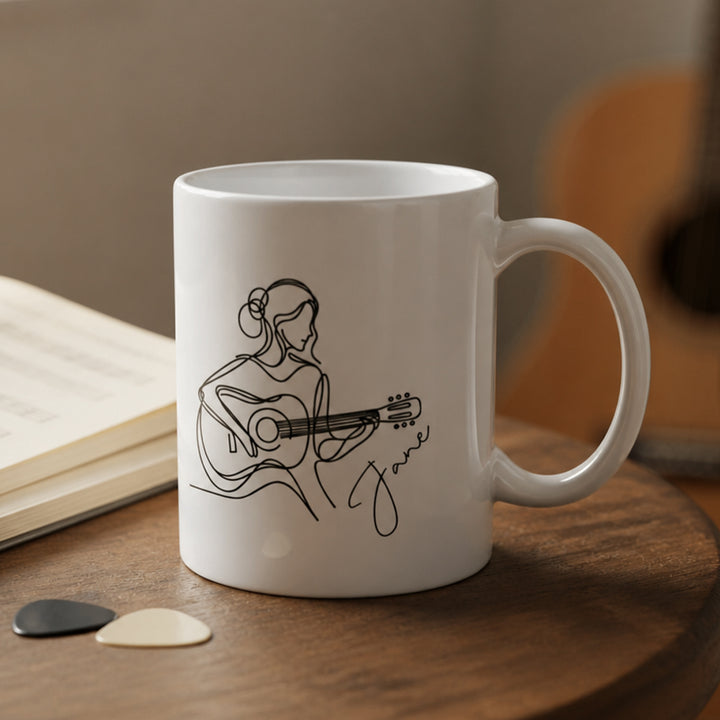 Personalized Line Art Guitar Player 11oz Ceramic Mug with Custom Name Birthday Gift for Guitar Lovers Musician