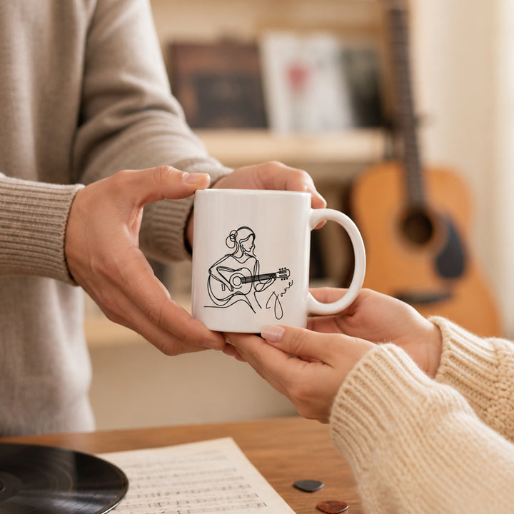 Personalized Line Art Guitar Player 11oz Ceramic Mug with Custom Name Birthday Gift for Guitar Lovers Musician