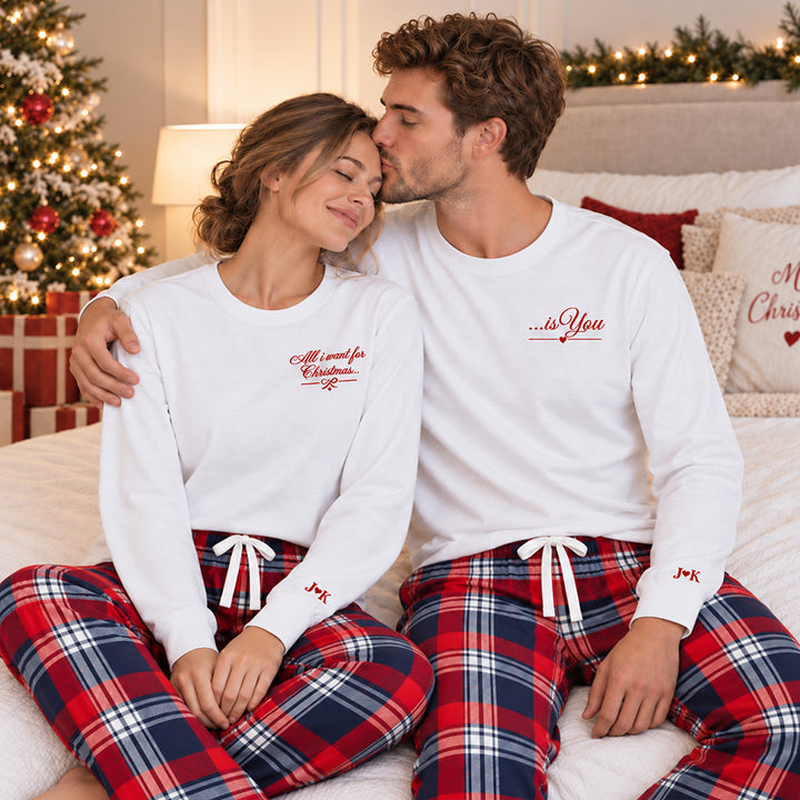Personalized Long Sleeve Couples Matching Christmas Pajama Set Custom Holiday Sleepwear with Names on Cuffs Cozy Christmas Gift for Couples