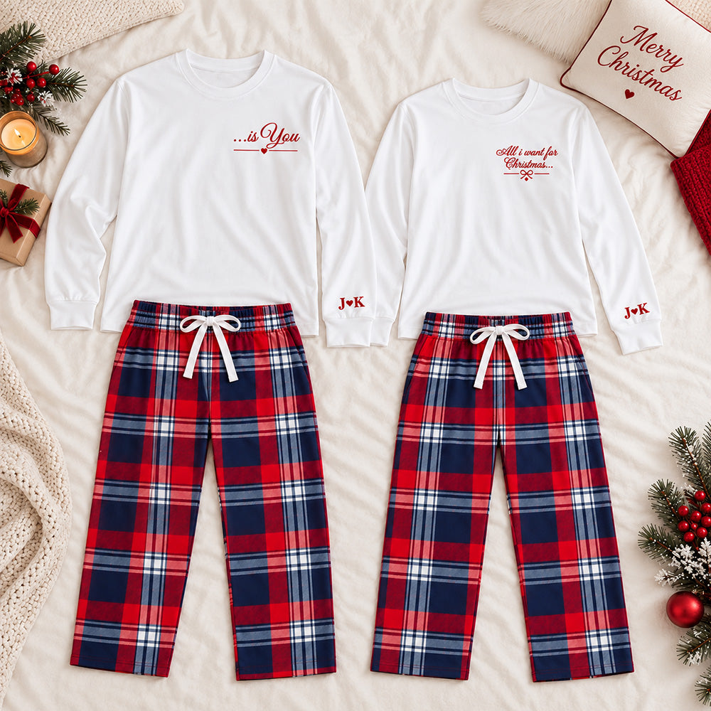 Personalized Long Sleeve Couples Matching Christmas Pajama Set Custom Holiday Sleepwear with Names on Cuffs Cozy Christmas Gift for Couples