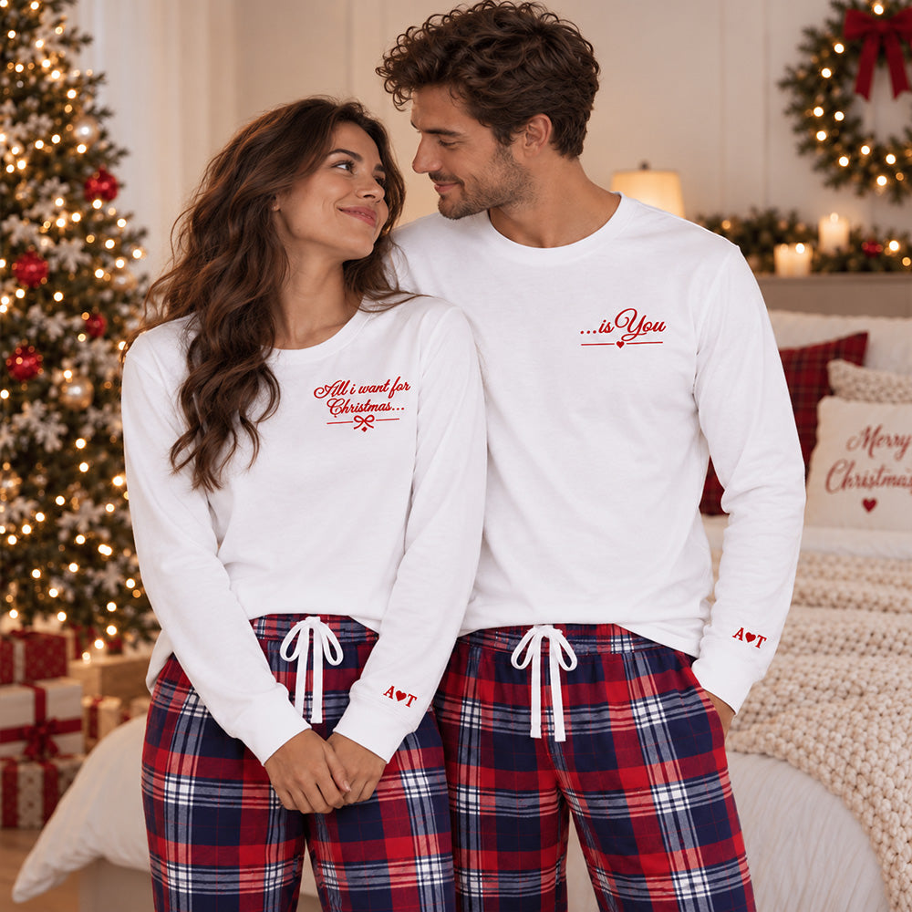 Personalized Long Sleeve Couples Matching Christmas Pajama Set Custom Holiday Sleepwear with Names on Cuffs Cozy Christmas Gift for Couples