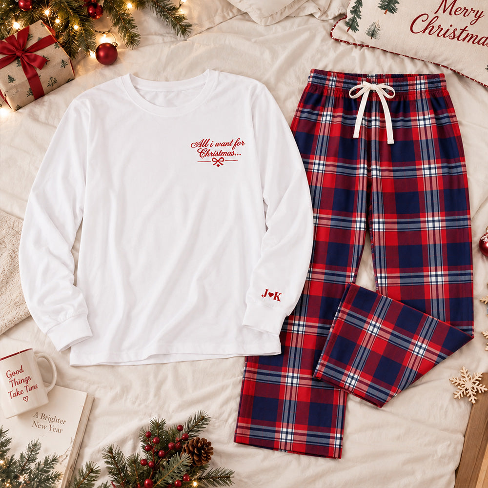 Personalized Long Sleeve Couples Matching Christmas Pajama Set Custom Holiday Sleepwear with Names on Cuffs Cozy Christmas Gift for Couples