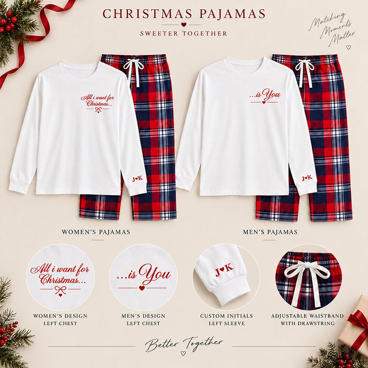 Personalized Long Sleeve Couples Matching Christmas Pajama Set Custom Holiday Sleepwear with Names on Cuffs Cozy Christmas Gift for Couples