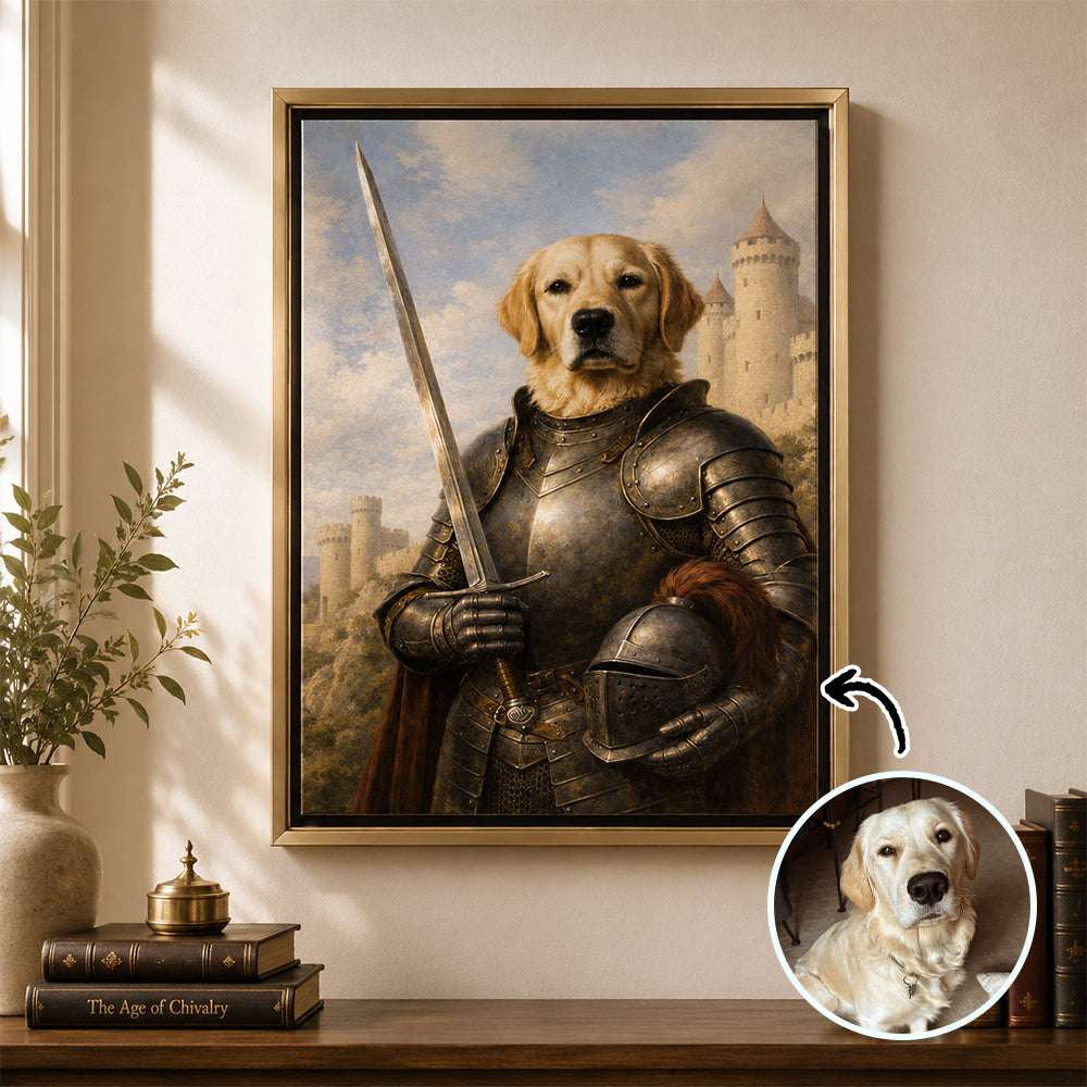 Personalized Medieval Knight Pet Portrait Canvas Custom Renaissance Style Dog Cat Wall Art Unique Memorial Gift for Pet Lovers Owners
