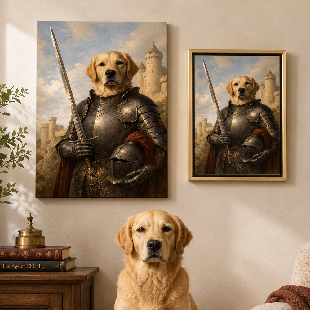 Personalized Medieval Knight Pet Portrait Canvas Custom Renaissance Style Dog Cat Wall Art Unique Memorial Gift for Pet Lovers Owners